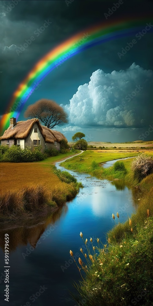 Aufkleber view of a gorgeous countryside with a rainbow and some clouds generative ai