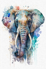 Watercolor illustration of an elephant with a colorful splash on a white background. Ai generative.