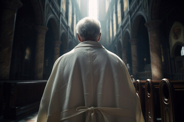 Naklejka premium Father standing in church, Father wearing white coat, , ai generative