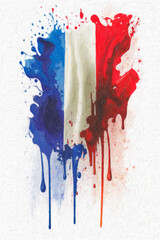 France flag painted with colorful paint splashes on white paper background. Ai Generative.