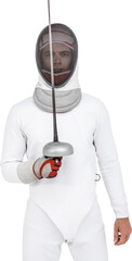 Man wearing fencing suit practicing with sword