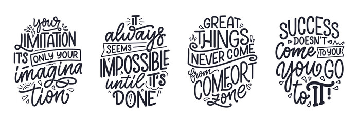 Set with hand drawn lettering quotes in modern calligraphy style about business motivation. Inspiration slogans for print and poster design. Vector