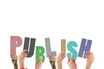 Colorful alphabet spelling publish held up by people 