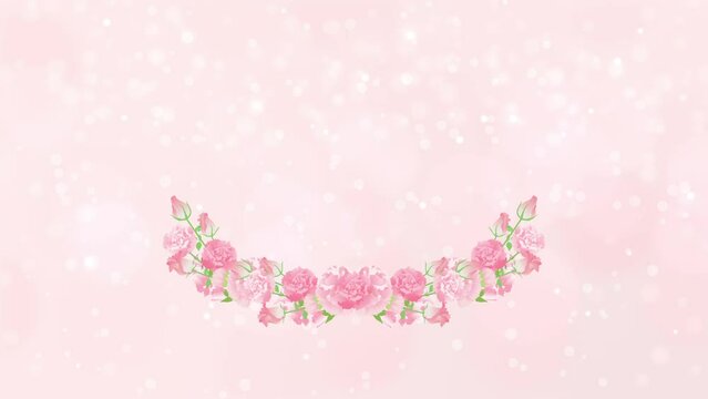 花 フレーム  ライトピンクのカーネーション、バラ、ガーベラ   背景ライトピンク