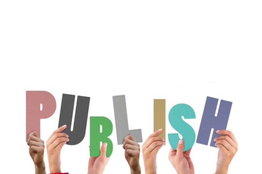 Colorful alphabet spelling publish held up by people 