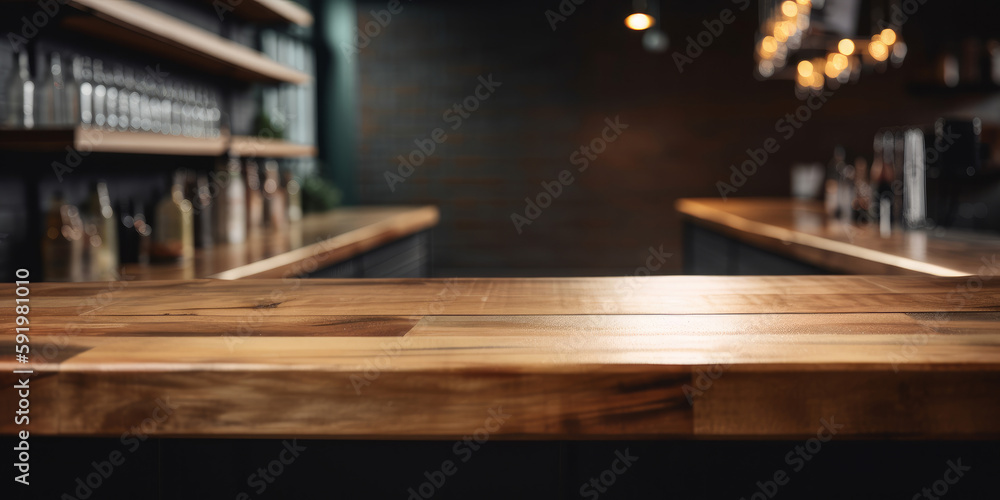 Poster an empty wooden counter table top for product display in a pub or bar. generative ai
