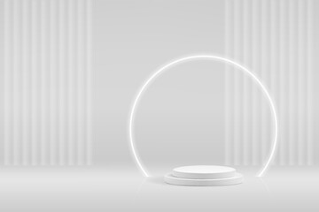 White 3d podium scene for award ceremony. Geomertic pedestal for prize or product presentation. Round light line or ring lamp. Embossed ribbed corrugated paper background