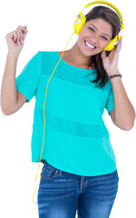 Smiling woman enjoying music through headphones