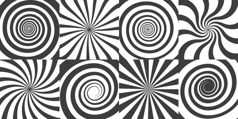 Comic swirl backgrounds. Swirl radial pattern or abstract sunburst wallpaper. Vertigo patterns. Abstract rays, vector illustration