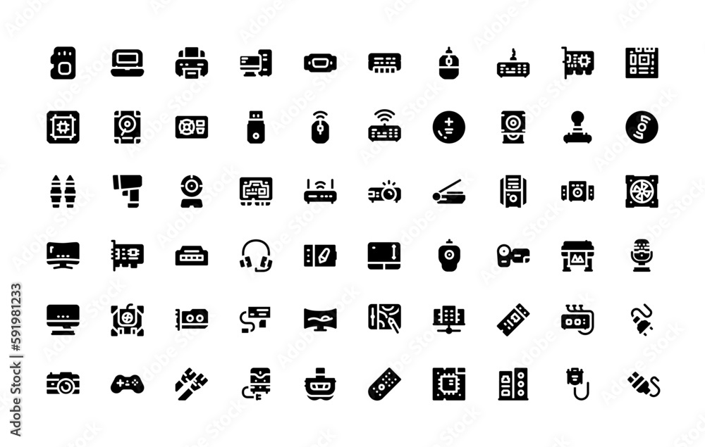 Poster computer component, hardware, device, technology vector icon set solid style. perfect use for logo, 