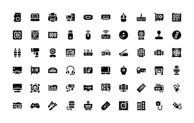 computer component, hardware, device, technology vector icon set solid style. perfect use for logo, presentation, website, and more. simple modern icon set design glyph style