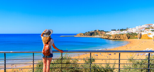 Panoramic view of Albufeira beautiful beach and city in Portugal- travel in Algarve