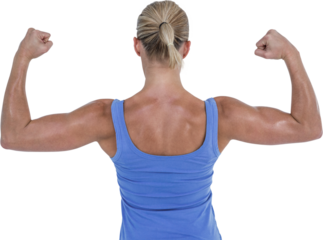 Rear view of woman flexing muscles