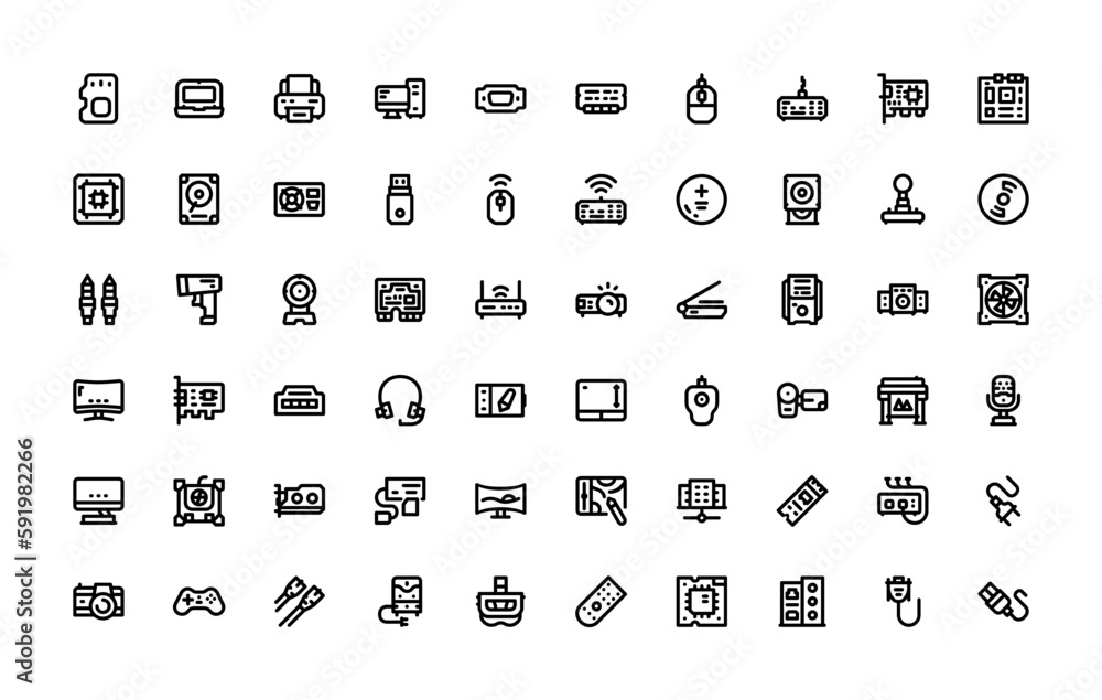 Poster computer component, hardware, device, technology vector icon set outline style. perfect use for logo
