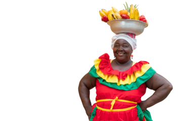 Happy smiling Palenquera fresh fruit street vendor typical of Cartagena, Colombia, isolated in transparent PNG. Cheerful Afro-Colombian woman in traditional clothing, Colombian culture and lifestyle. 
