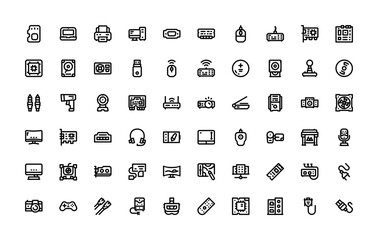 computer component, hardware, device, technology vector icon set outline style. perfect use for logo, presentation, website, and more. simple modern icon set design line style