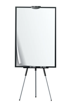Flipchart mockup. Presentation and seminar whiteboard with blank paper sheets. Flip chart on tripod with space for text, vector illustration isolated on white background
