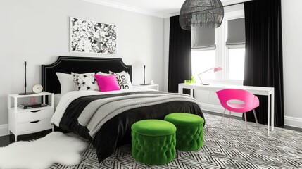 A chic and modern black and white bedroom with pops of neon color Generative AI