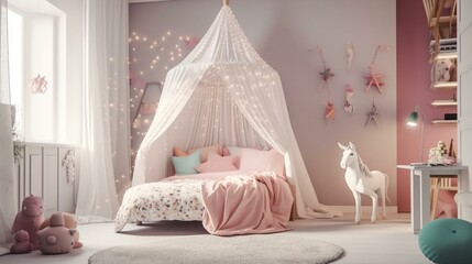 A dreamy unicorn-themed bedroom with a magical canopy bed Generative AI