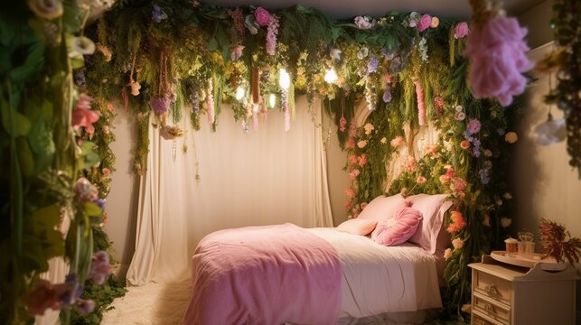 An Enchanting Fairy Garden-themed Bedroom With A Floral Canopy Bed Generative AI