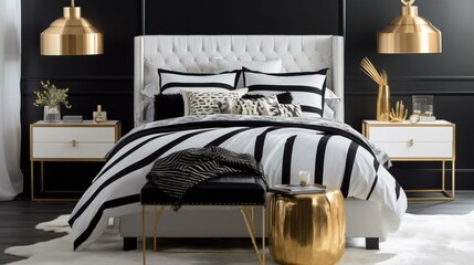 A chic and stylish black and white striped bedroom with pops of metallic gold Generative AI