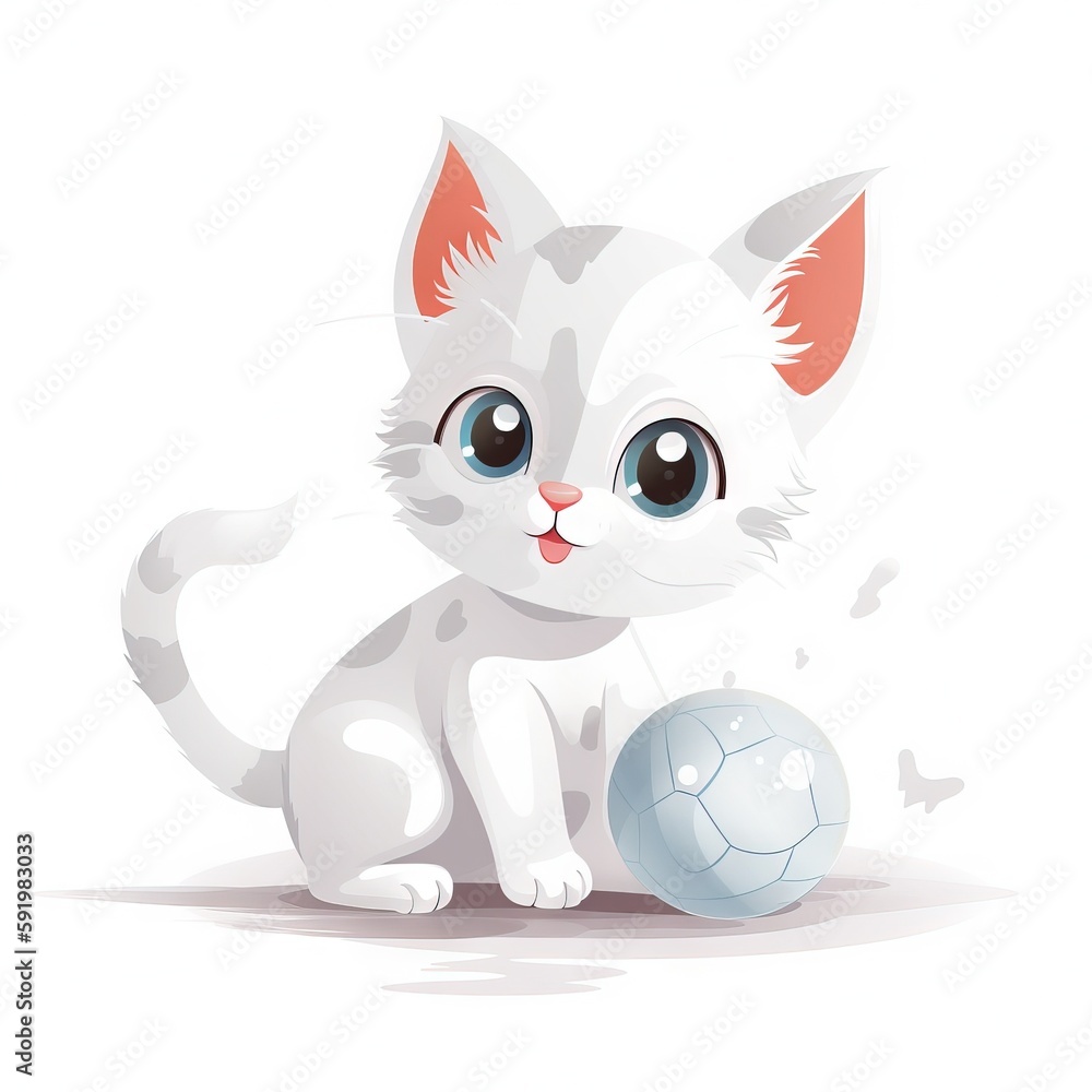 Aufkleber a white kitten playing with a ball on a white background with a shadow of its paw on the ball and a 