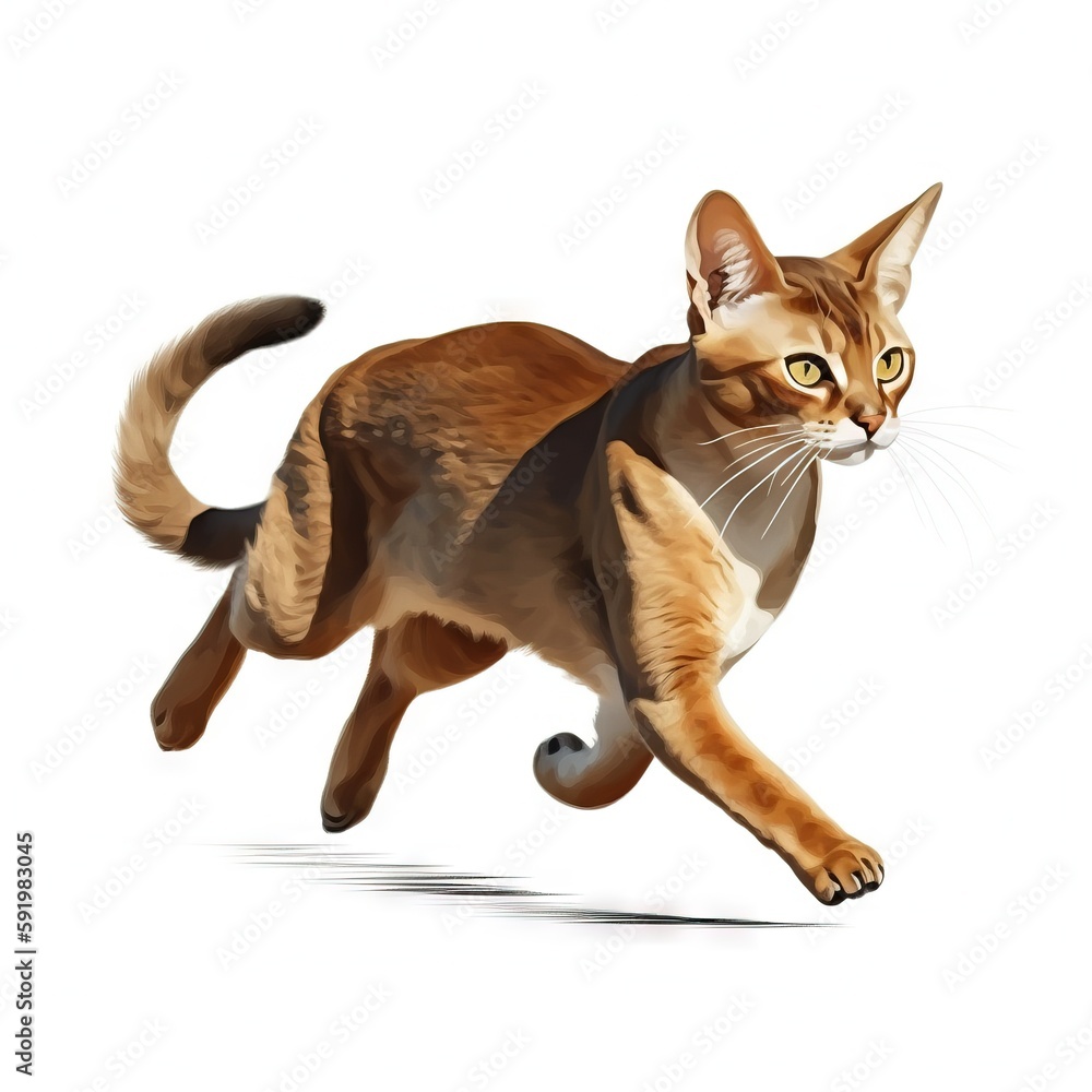 Poster a cat is running on a white background with a shadow of its head on the ground and its paws on the g