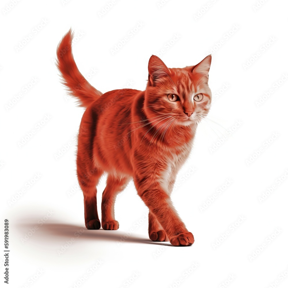 Poster a red cat is walking on a white background and is looking at the camera with a serious look on its f