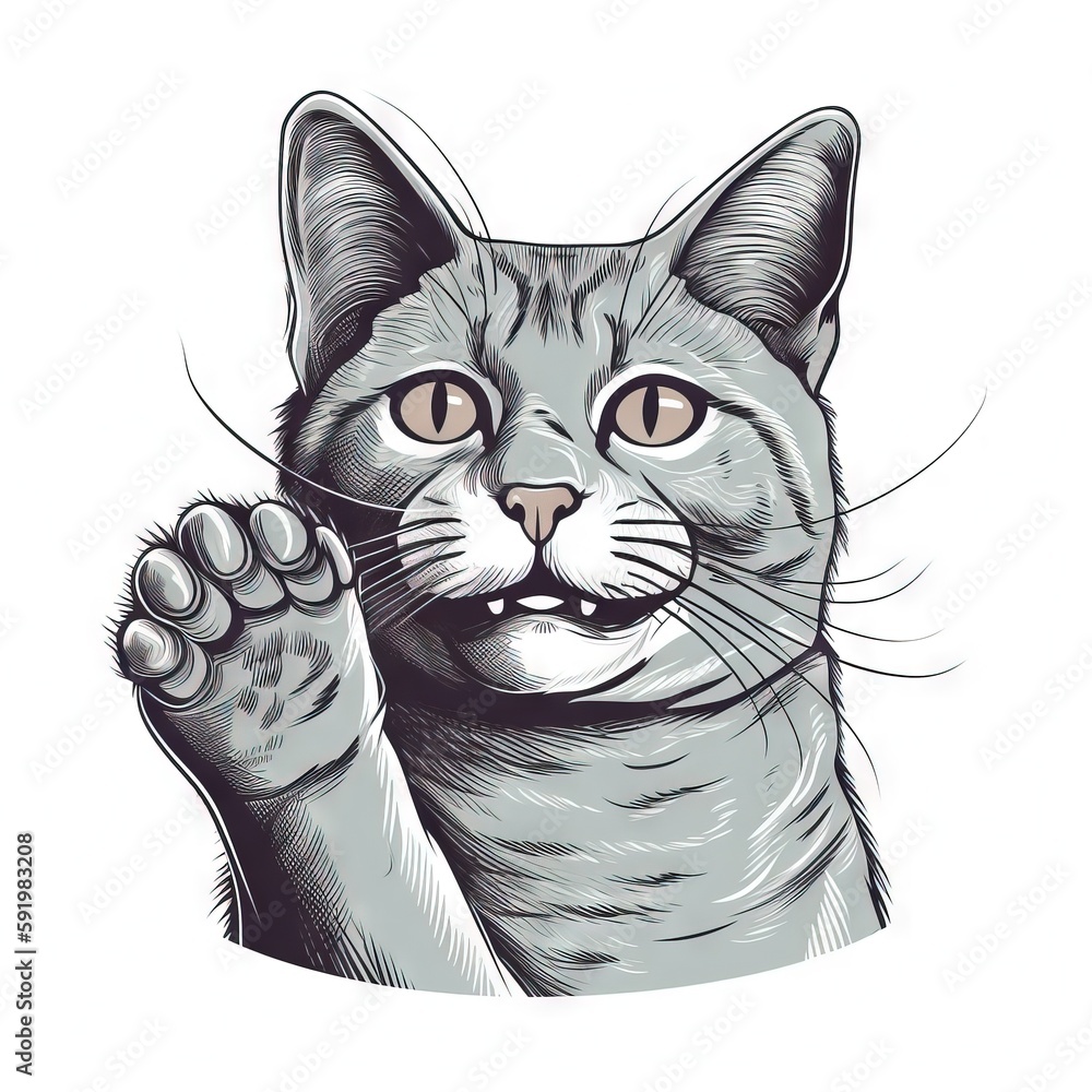 Poster a drawing of a cat's paw with a smile on it's face and a paw in the air with its mouth open. generat