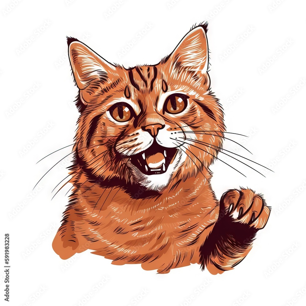 Poster a drawing of a cat with its paw up and mouth open, with a white background and a brown cat with its 