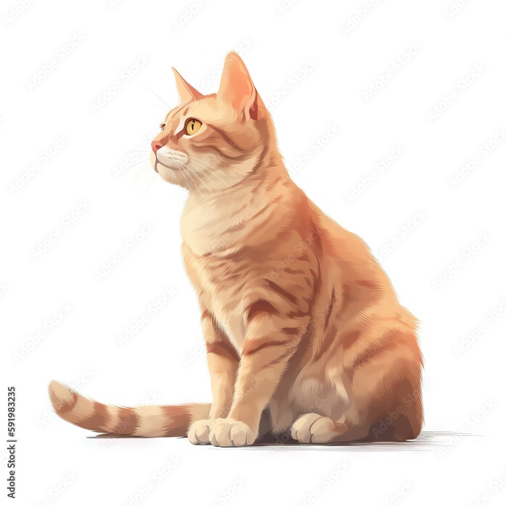 Poster  a cat is sitting down and looking at the camera with a curious look on its face and eyes, while looking up at the sky.  generative ai