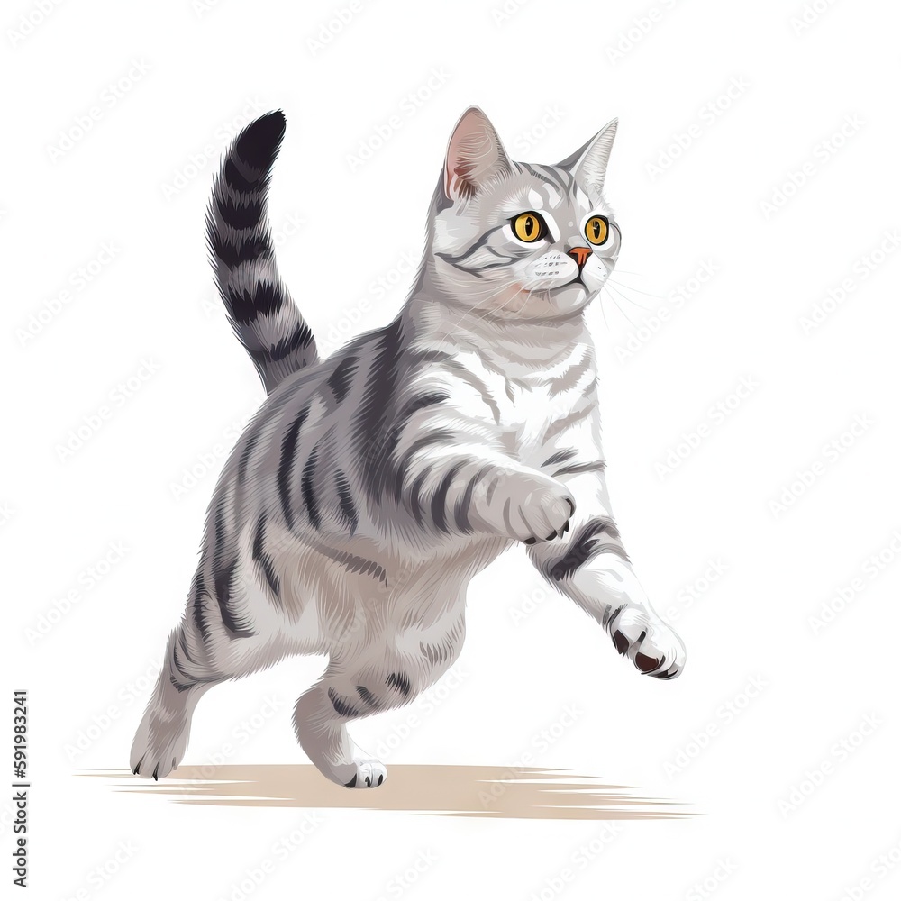 Poster a white and black cat is running with it's front paws out and eyes wide open and it's front paws on 