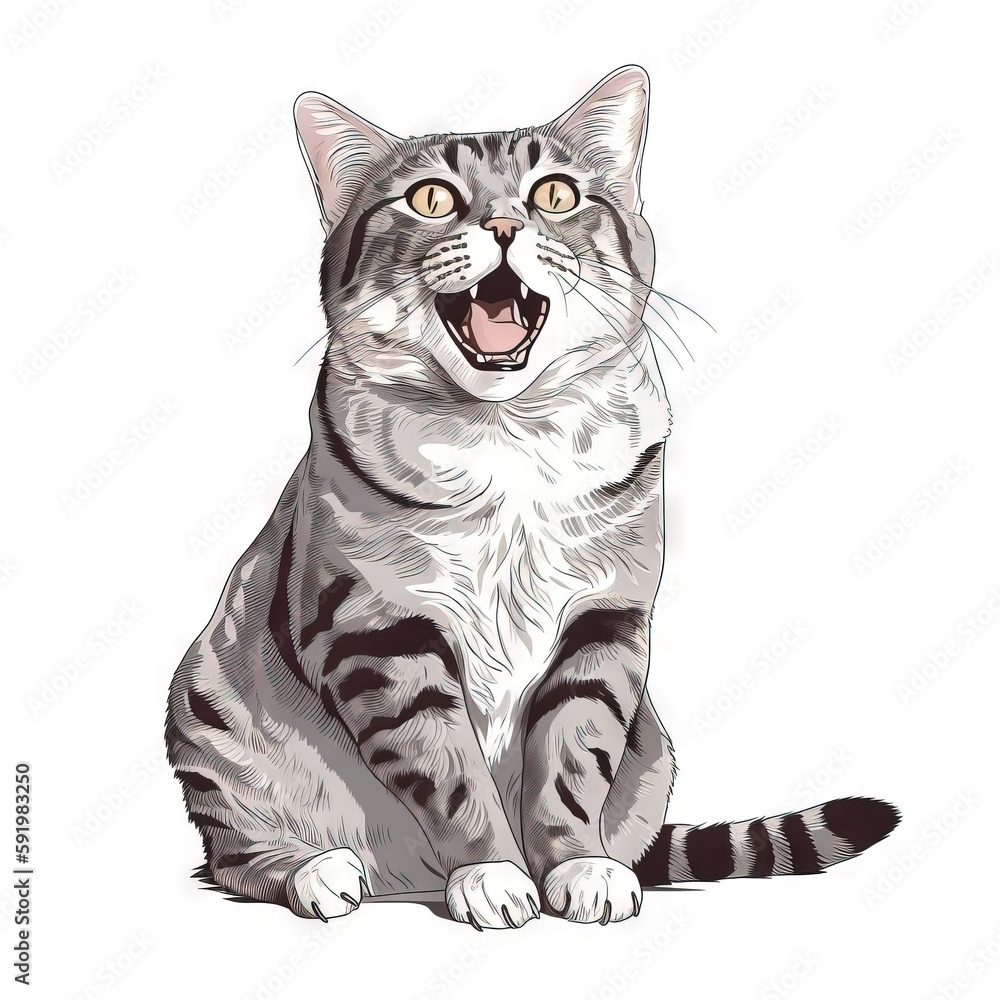Poster  a drawing of a cat with its mouth open and tongue wide open, sitting on a white background, with a black and white stripe pattern on the front of the cat.  generative ai