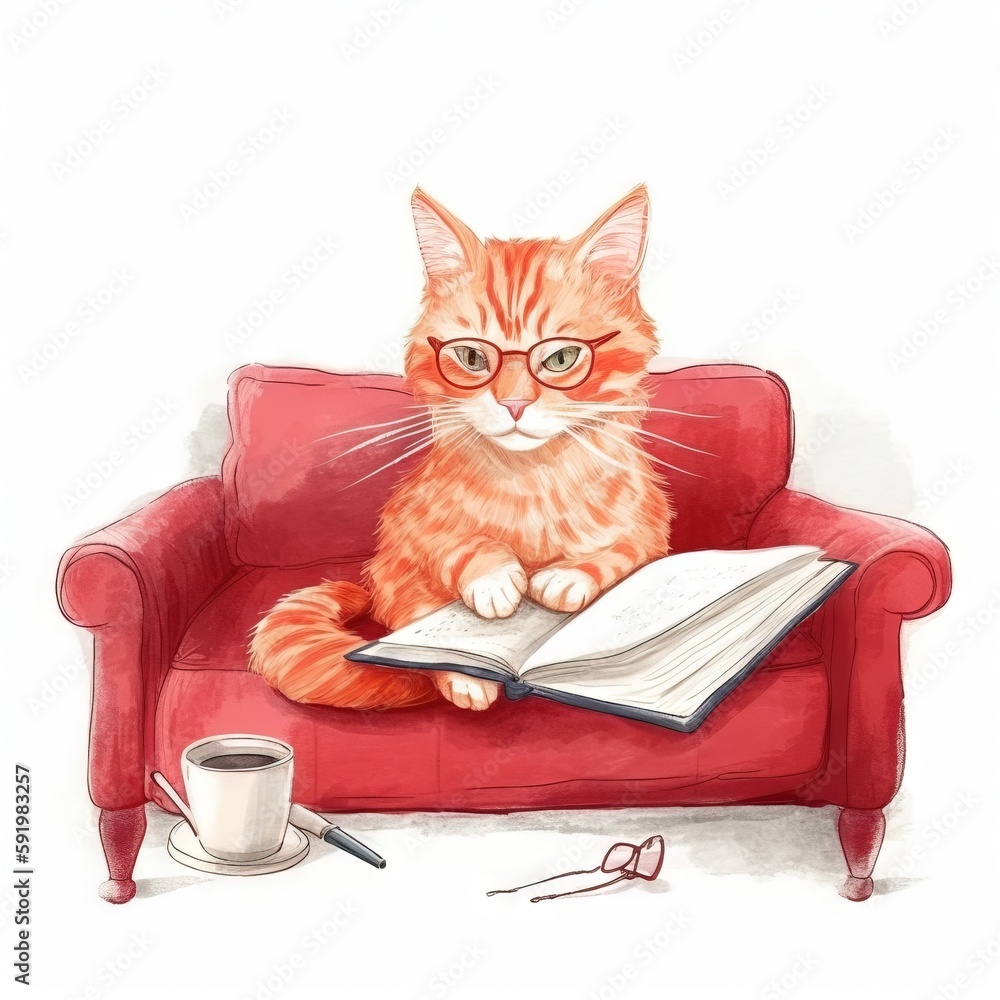 Poster a cat sitting on a red couch with a book and a cup of coffee next to it on a white background with a