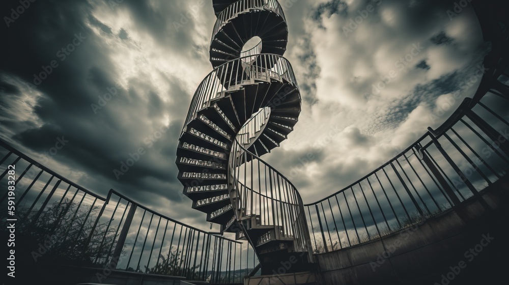 Poster a spiral staircase in a cloudy sky with clouds in the background and dark clouds in the sky above it