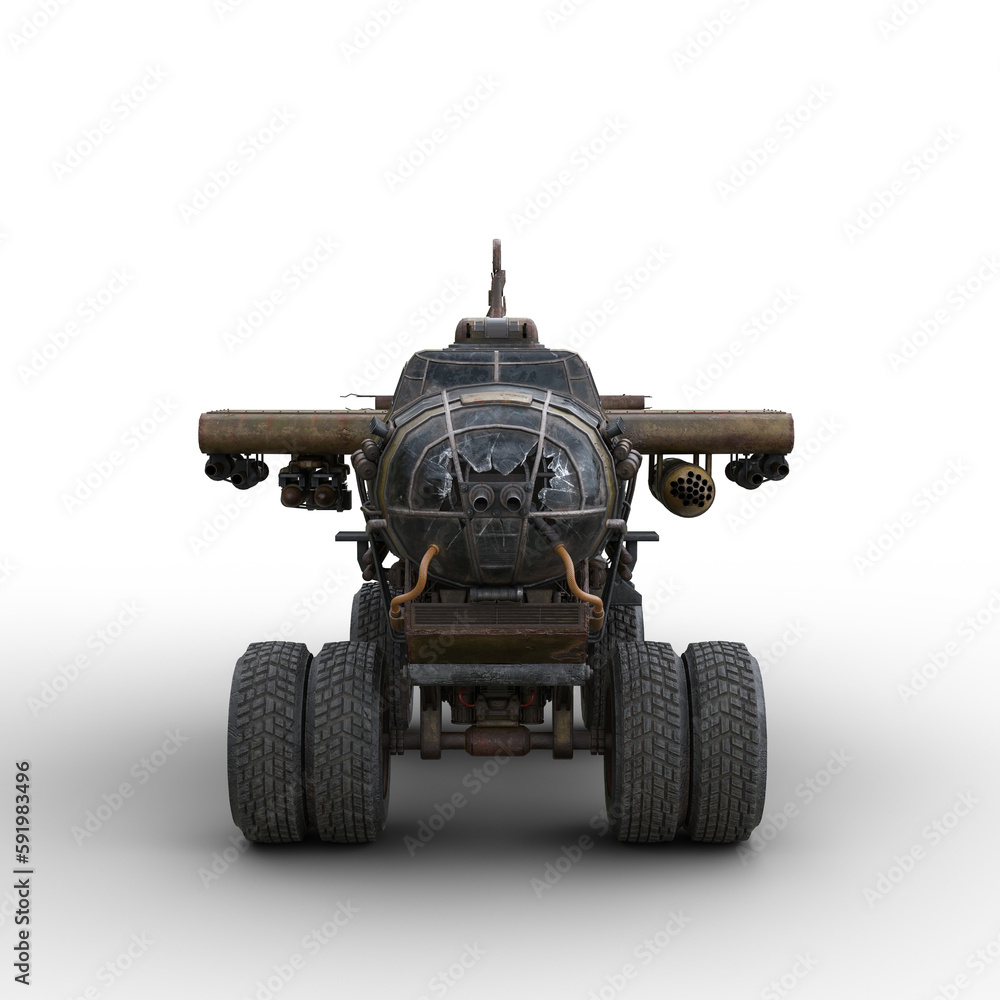 Poster Post apocalyptic monster truck converted from a wreck of a war plane. Isolated 3D rendering front view.
