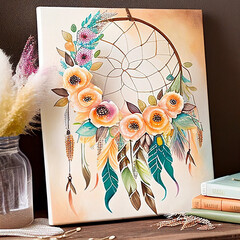 A romantic Bohemian Dreamcatcher Floral Painting In Watercolor Splendor Tribal Patterns & Geometric Shapes on Minimalist Background Generate With AI