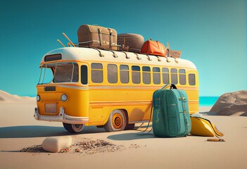 Bus with luggage and summer accessories ready for travel. Vacation concept on sandy beach 3D Render 3D illustration. Generative AI