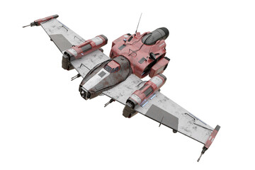 Futuristic science fiction fantasy fighter space craft in flight. Isolated 3D illustration.