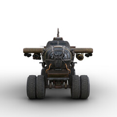 Post apocalyptic monster truck converted from a wreck of a war plane. Isolated 3D rendering front view.