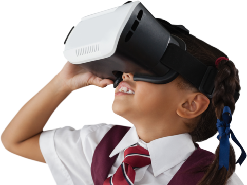 Close-up of schoolgirl using virtual reality headset - Powered by Adobe