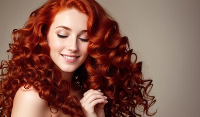 Fototapeta premium Redhead woman with healthy long and curly hair, generative ai image