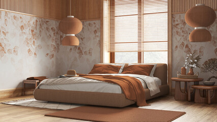 Obraz premium Wooden bedroom with master bed in orange and beige tones. Parquet floor, wallpaper, bedside tables and carpets. Japanese interior design