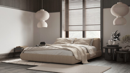 Dark wooden bedroom with master bed in white and beige tones. Parquet floor, bedside tables and carpets. Japanese interior design