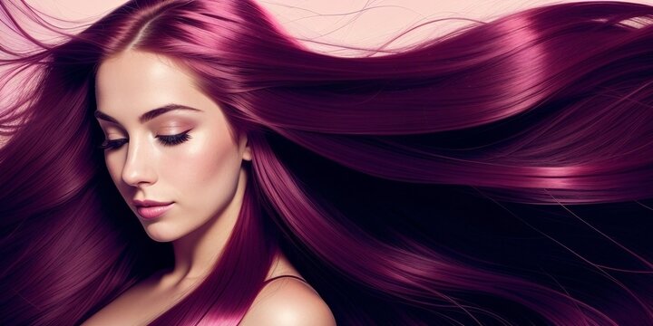Pink haired woman with shiny long dyed hair, generative ai image