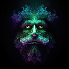 Beautiful Leprechaun Face Shape In Green Purple Fire On Black Background Dazzling And Radiant. Generative AI