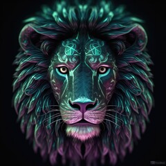 Beautiful Lion Face In Green Purple Fire On Black Background Dazzling And Radiant. Generative AI