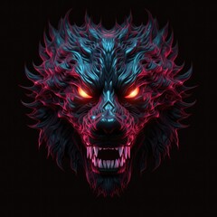 Beautiful Lycanthrope Face Shape In Red Purple Fire On Black Background. Generative AI