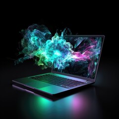 Beautiful Laptop Shape In Green Purple Fire On Black Background Dazzling And Radiant. Generative AI