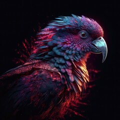 Beautiful Parrot In Red Purple Fire On Black Background. Generative AI